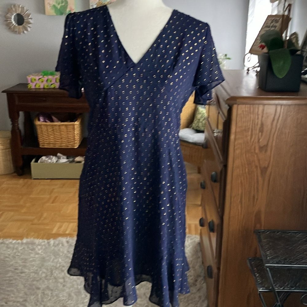 Michael Kors navy flutter sleeve fitted a-line dress M EUC